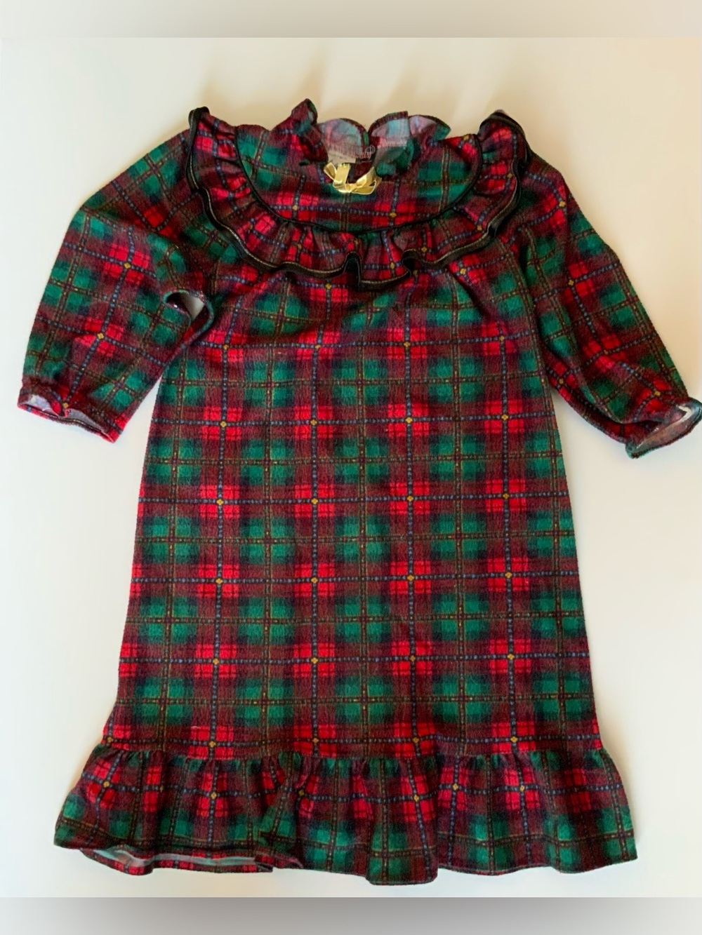 Vintage 80s Girls Red & Green Plaid Ruffle Nightie